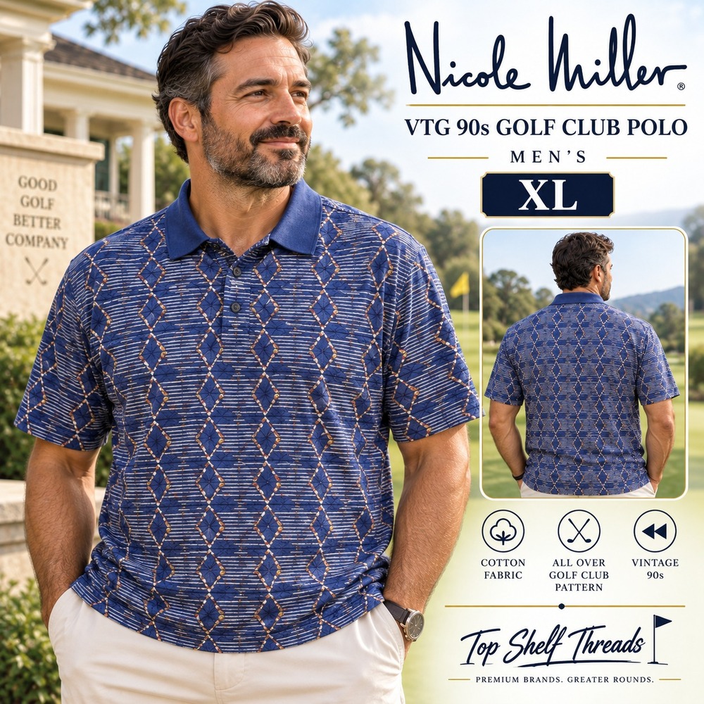 VTG 90s Nicole Miller Men XL Blue Golf Clubs Cotton Novelty Polo Shirt Hong Kong
